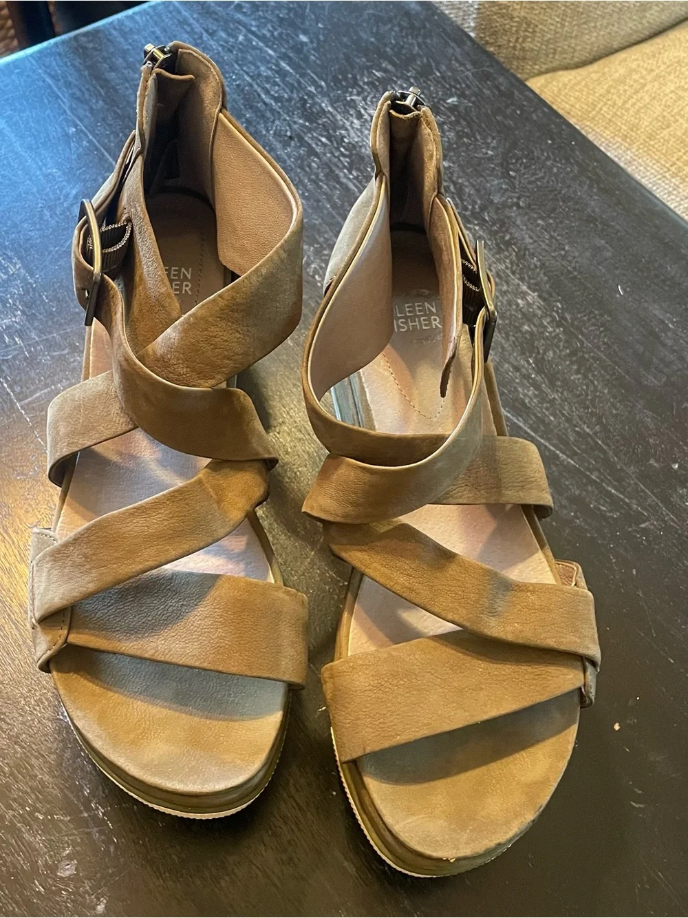 Eileen Fisher Olive-Tan Suede Crisscross Ankle Strap Sandals